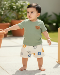 Baby Boy Bear Green Ribbed Summer Set