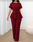 Women's 2 pcs Solid Color, Casual And Elegant Commuter Jacquard Fabric, Loose Waist A-Hem, Short-Sleeved Top And Loose Straight-Leg Pants