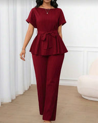 Women's 2 pcs Solid Color, Casual And Elegant Commuter Jacquard Fabric, Loose Waist A-Hem, Short-Sleeved Top And Loose Straight-Leg Pants