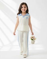 2pcs Girls 3D Floral Knitted White and Blue Polo Vest And Flared Pants