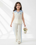 2pcs Girls 3D Floral Knitted White and Blue Polo Vest And Flared Pants