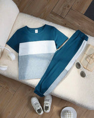 Blue Color-Block Short Sleeve T-Shirt And Pants Suit Summer