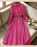 Women's Striped Woven Fabric Long Sleeve Midi Dress Casual Flared Hem Shirt Dress