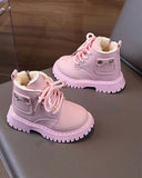 Girls’ Winter Lace-Up Boots – PU Leather with Side Zipper