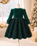 Girls’ Emerald Green Elegant Sequin Velvet Princess Dress