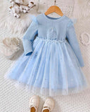 Girls’ Cartoon Sky Blue Print Knit Contrast Mesh Princess Dress