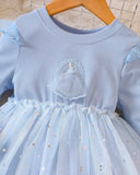 Girls’ Cartoon Sky Blue Print Knit Contrast Mesh Princess Dress
