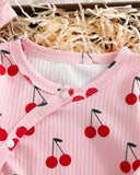Newborn Pink Cherry Print Newborn Jumpsuit Set with Hat