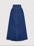 Fashionable Casual Wide Waistband Open Front Denim A-Line Skirt