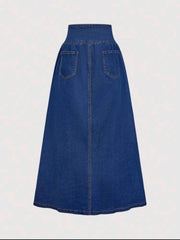 Fashionable Casual Wide Waistband Open Front Denim A-Line Skirt