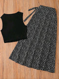Women French Elegant Vintage Print Crop Top & Skirt Set – Spring/Summer