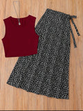 Women French Elegant Vintage Print Crop Top & Skirt Set – Spring/Summer