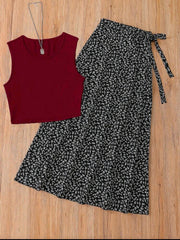 Women French Elegant Vintage Print Crop Top & Skirt Set – Spring/Summer