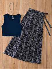 Women French Elegant Vintage Print Crop Top & Skirt Set – Spring/Summer