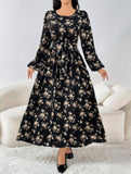 Floral Print Lantern Sleeve Cinched Waist Waist Dress