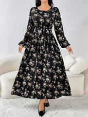 Floral Print Lantern Sleeve Cinched Waist Waist Dress