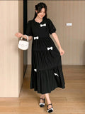 Women's Round Neck Short Sleeve Pleated Simple Bowknot Decor Dress Sundress