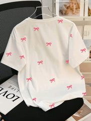 Women Pink Bow Printed Half Sleeve Casual T-Shirt