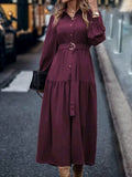 Solid Button Front Belted Ruffle Hem Maxi Shirt Dress for Women