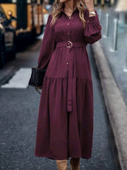 Solid Button Front Belted Ruffle Hem Maxi Shirt Dress for Women