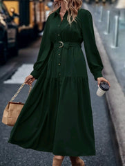 Solid Button Front Belted Ruffle Hem Maxi Shirt Dress for Women