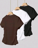 3pcs Women Casual Pleated Waist Fitted Short Sleeve T-Shirt Set