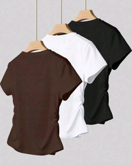 3pcs Women Casual Pleated Waist Fitted Short Sleeve T-Shirt Set