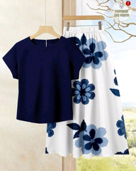 2pcs Women’s Vacation Casual Solid Top & Print Midi Skirt Set