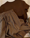 2pcs Women Summer Casual Bear Print Round Neck T-Shirt & Striped Pants Set