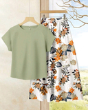 2pcs Women’s Vacation Casual Solid Top & Print Midi Skirt Set