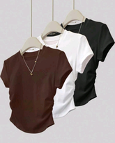 3pcs Women Casual Pleated Waist Fitted Short Sleeve T-Shirt Set