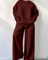 Women’s Casual Comfy 2pcs Set – Solid Color Drop Shoulder Sweatshirt & Wide Leg Sweatpants
