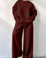 Women’s Casual Comfy 2pcs Set – Solid Color Drop Shoulder Sweatshirt & Wide Leg Sweatpants