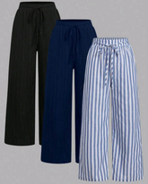 3pcs Women’s Casual Minimalist Vacation Style Geometric Pants Set – Black & White + Colorful Striped Pants