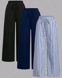 3pcs Women’s Casual Minimalist Vacation Style Geometric Pants Set – Black & White + Colorful Striped Pants