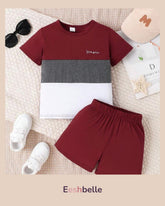 Boy 2pcs Summer Contrast Color Patchwork Round Neck Short Sleeve T-Shirt & Shorts