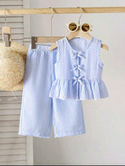 2pcs Baby Girl Striped Sleeveless Top & Wide Leg Pants Spring Summer Co-Ord Set