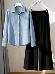 Plus Size Casual Striped Long Sleeve Blue Shirt & Black Long Pants 2pcs Set