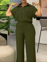 Women’s 2pcs Summer Casual Solid Utility Cropped Shirt & Pants Set – Button Pocket Batwing Sleeve Outfit