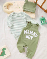 Newborn Baby Boy Sage Green Striped Jumpsuit Set with Letter Embroidered Romper & Hat