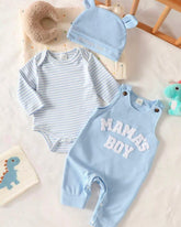Newborn Baby Boy Sky Blue Striped Jumpsuit Set with Letter Embroidered Romper & Hat
