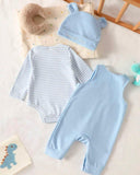 Newborn Baby Boy Sky Blue Striped Jumpsuit Set with Letter Embroidered Romper & Hat