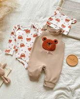 Newborn Baby Boy Khaki Bear Jumpsuit Set with Letter Embroidered Romper & Hat