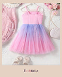 Pink Floral Patchwork Star Mesh Strap Dress – Girls
