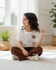 Girls Brown 3D Floral Textured T-Shirt & Pants Set β 2pcs Casual Outfit
