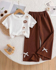Girls Brown 3D Floral Textured T-Shirt & Pants Set β 2pcs Casual Outfit