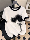 Plus Size Women B&W 3D Floral Embellishment T-Shirt