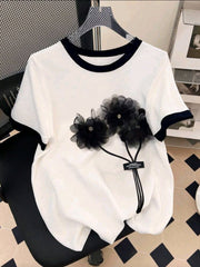 Plus Size Women B&W 3D Floral Embellishment T-Shirt