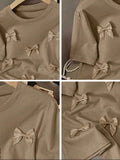 Women Khaki Knitted Bow Front Round Neck Casual T-Shirt
