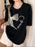 Women Bow & Heart Print Casual Short Sleeve Graphic T-Shirt